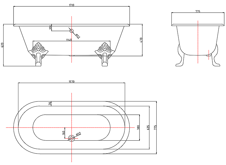 Landon Cast Iron Bath with Antique Brass Feet 