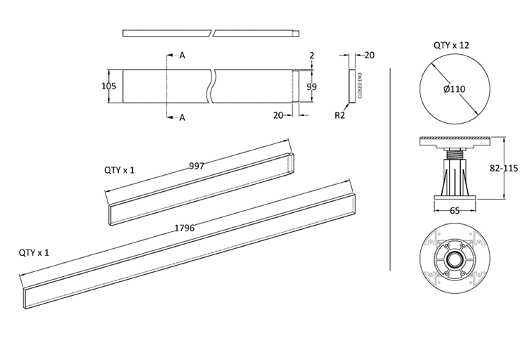 Leg + Panel Riser Kit for Graphite Slate Square + Rectangular Trays (over 1200mm)