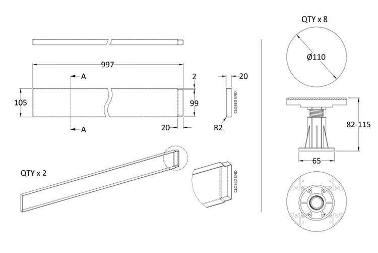 Leg + Panel Riser Kit for Graphite Slate Square + Rectangular Trays (up to 1200mm)