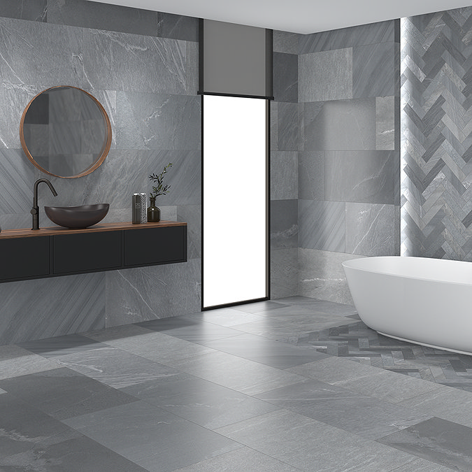 Lita Dark Grey Stone Effect Wall and Floor Tiles - 450 x 900mm
