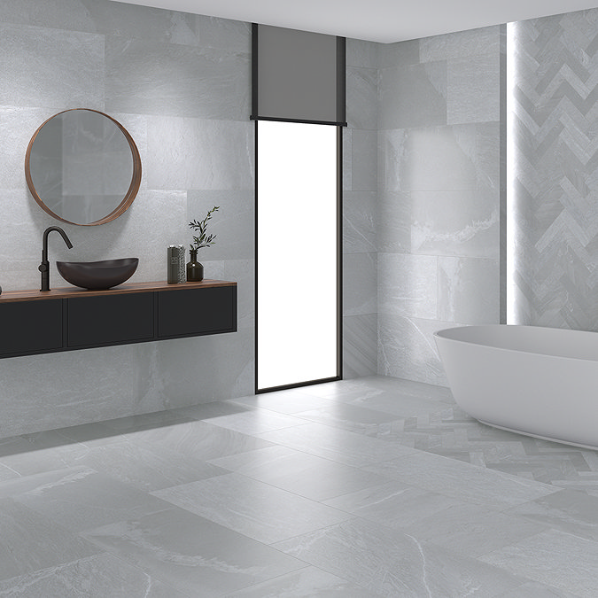 Lita Light Grey Stone Effect Wall and Floor Tiles - 450 x 900mm