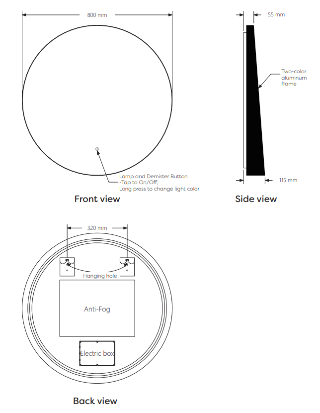 Luna 800mm Round LED Mirror - Matt Black, Backlit with Demister & Touch Control