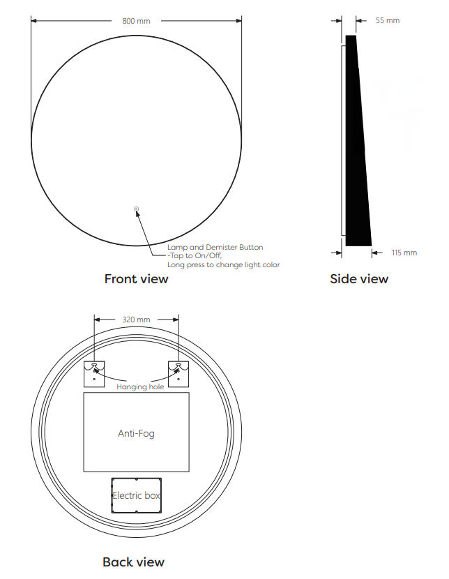 Luna 800mm Round LED Mirror - Matt Black, Backlit with Demister & Touch Control
