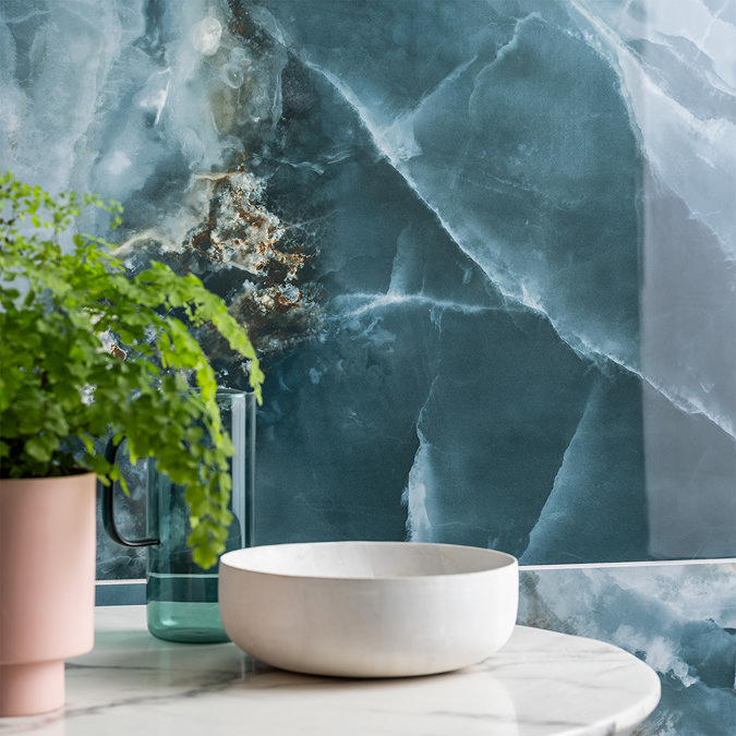 Malavita Large Format Polished Blue Onyx Marble Effect Wall and Floor Tiles - 600 x 1200mm