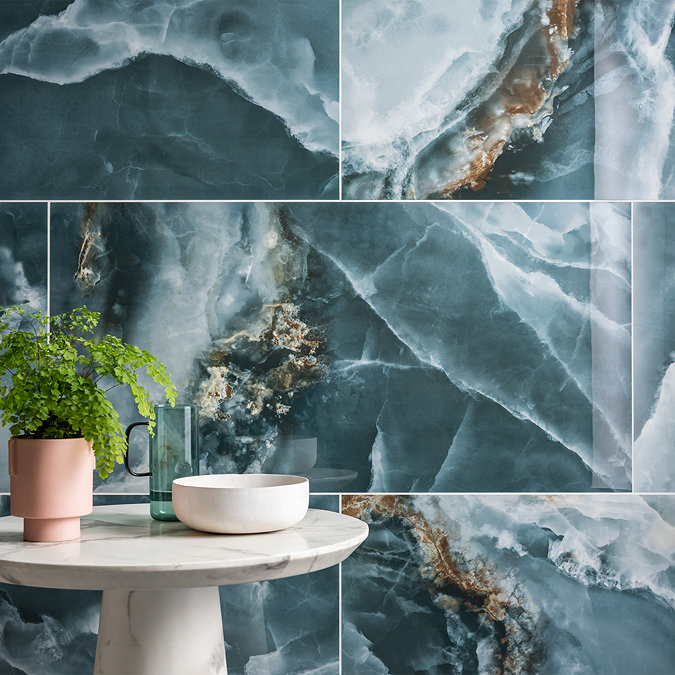 Malavita Large Format Polished Blue Onyx Marble Effect Wall and Floor Tiles - 600 x 1200mm