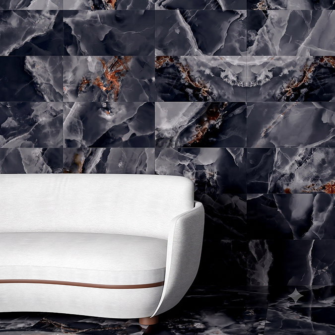 Malavita Polished Black Onyx Marble Effect Wall and Floor Tiles - 300 x 600mm