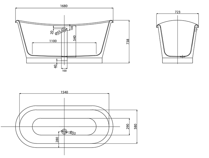 Marseille Gloss White Roll Top Cast Iron Bateau Bath - 1680 x 723mm