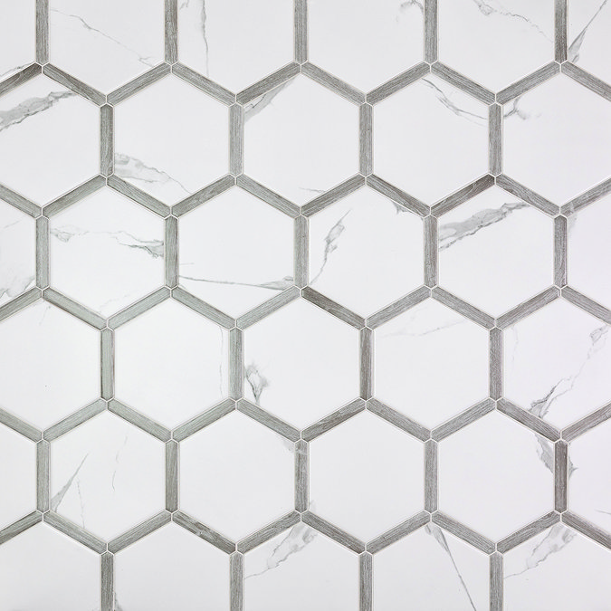 Mazara Hexagon White Marble & Grey Stone Effect Tiles - 220 x 250mm