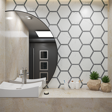 Mazara Hexagon White Marble & Grey Stone Effect Tiles - 220 x 250mm