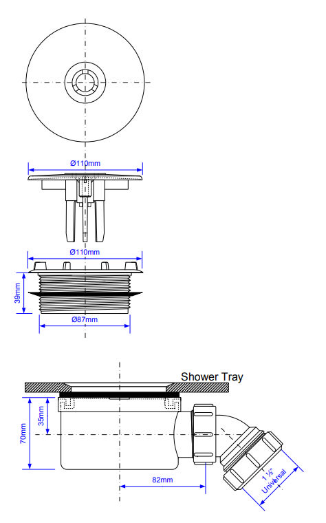 McAlpine 90mm Shallow Shower Trap - 70mm High - Chrome Plated Brass