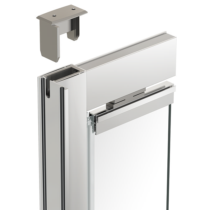 Close-up of Merlyn IQ shower enclosure wall profile and top frame, showing the slot-and-lock easy-fit frame system with no visible screws.