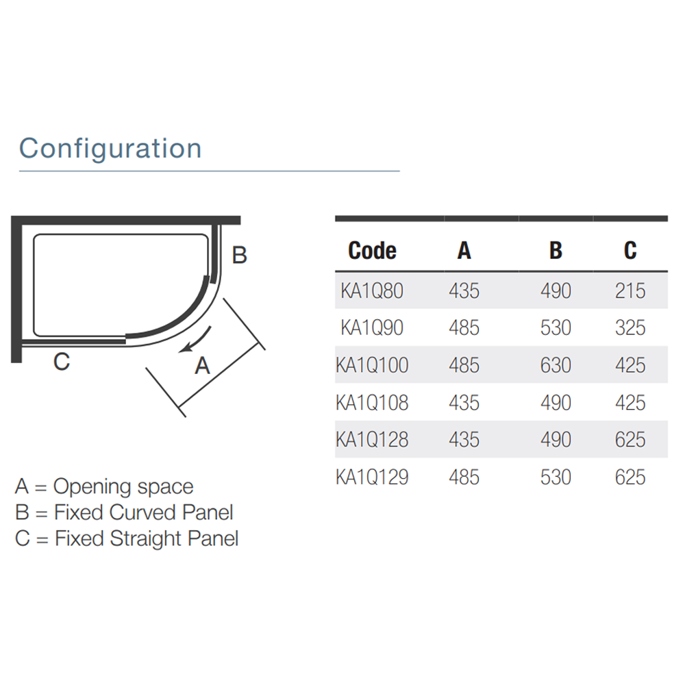 Merlyn IQ quadrant shower enclosure technical diagram showing opening space and fixed glass panel layout for reference.