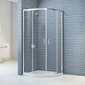 Merlyn IQ 2 door quadrant shower enclosure installed in a bathroom setting, featuring a chrome frame and clear glass panels.