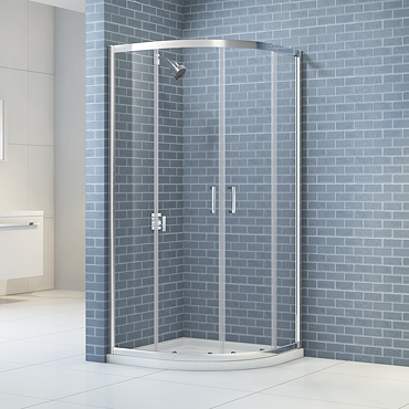 Close-up of Merlyn IQ shower enclosure wall profile and top frame, showing the slot-and-lock easy-fit frame system with no visible screws.