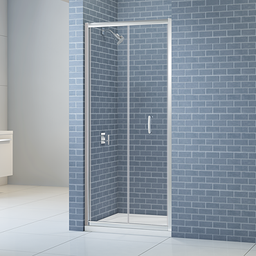 Close-up of Merlyn IQ shower wall profile and top frame, showing the slot-and-lock easy-fit frame system with no visible screws.