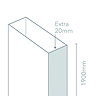 Diagram showing the Merlyn IQ chrome pivot/bifold door extension profile, illustrating how the profile adds extra width to a shower door installation.