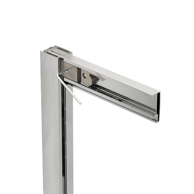 Merlyn IQ shower corner joint showing the chrome frame connection between the vertical wall profile and horizontal top rail.