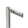 Merlyn IQ shower corner joint showing the chrome frame connection between the vertical wall profile and horizontal top rail.
