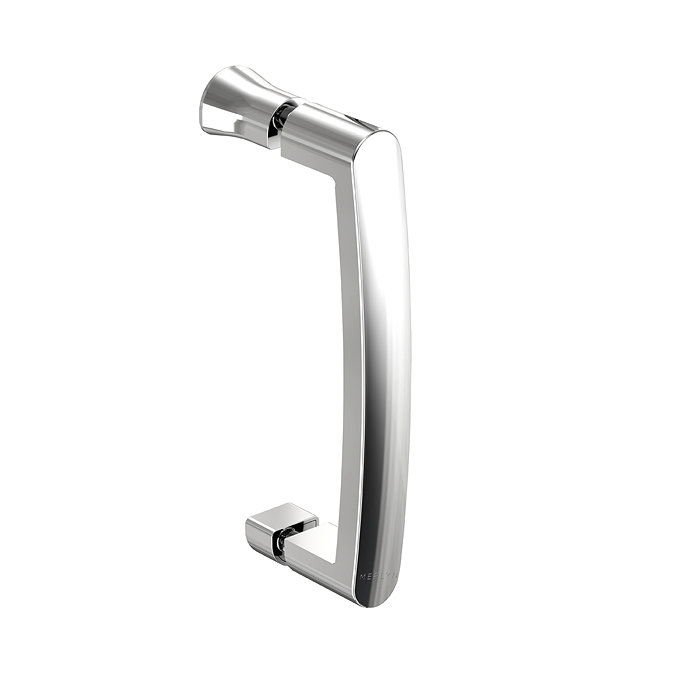 Merlyn IQ chrome shower door handle with a smooth, modern design, suitable for use on the sliding glass door.