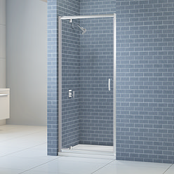 Merlyn IQ pivot shower door installed in a bathroom setting, featuring a chrome frame and clear glass.