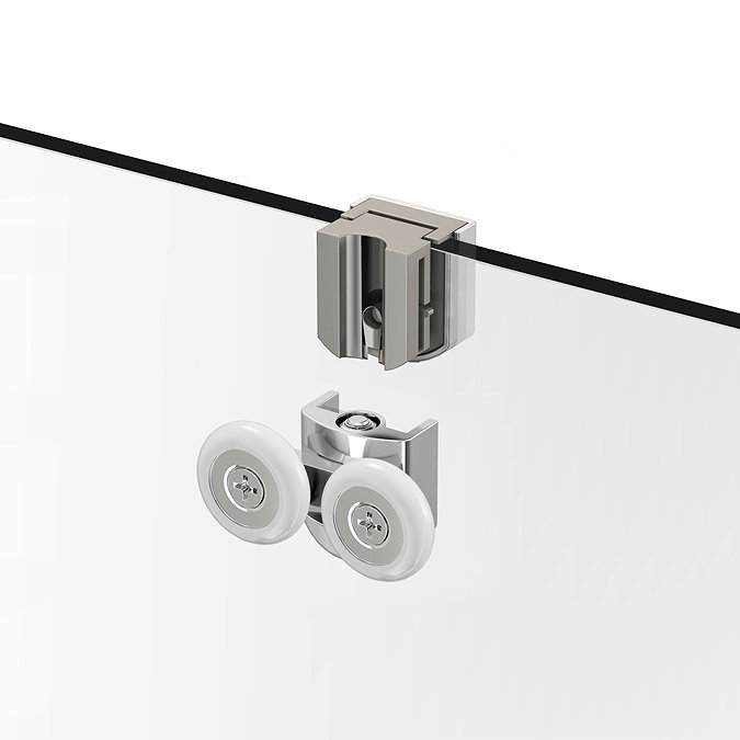 Merlyn IQ sliding shower door roller assembly, showing the clip-on twin rollers designed for smooth and easy door movement.