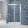 Merlyn IQ sliding shower door installed in a bathroom setting, featuring a chrome frame and clear glass panels.