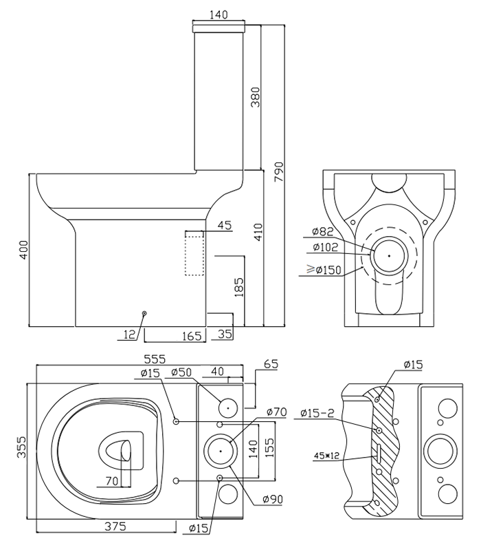 Metro Compact Toilet (Brushed Brass Flush + Hinges) 555mm Projection