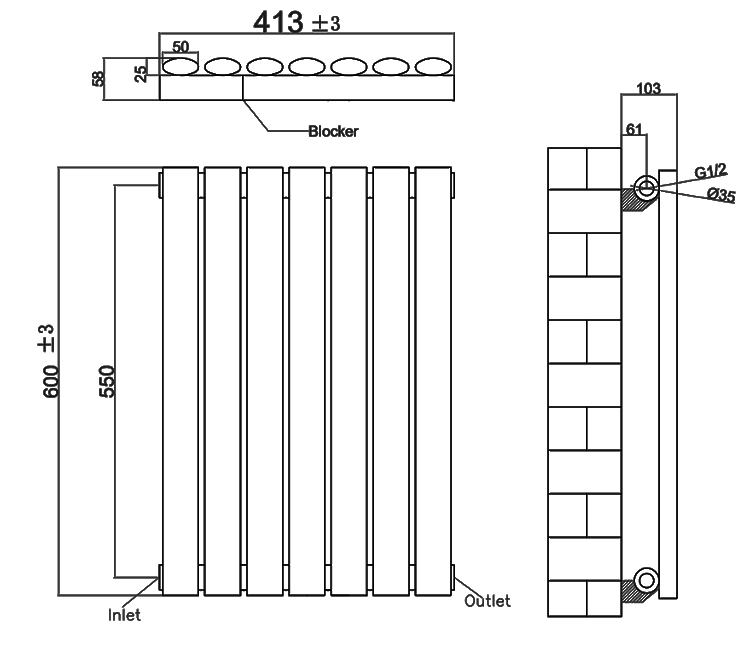 Metro Horizontal Radiator - Anthracite - Single Panel (600mm High) 413mm Wide