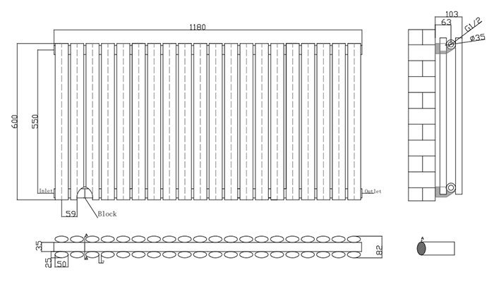 Metro Horizontal Radiator - Matt Black - Double Panel (600mm High) 1180mm Wide