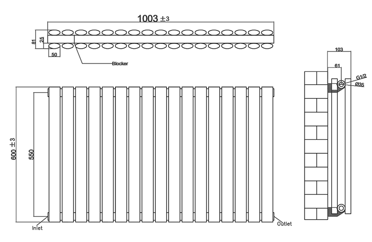 Metro Horizontal Radiator - Matt Black - Double Panel (600mm High) 1003mm Wide