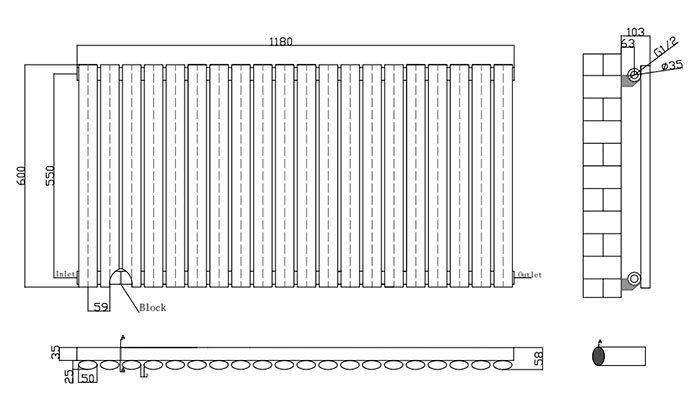 Metro Horizontal Radiator - Matt Black - Single Panel (600mm High) 1180mm Wide