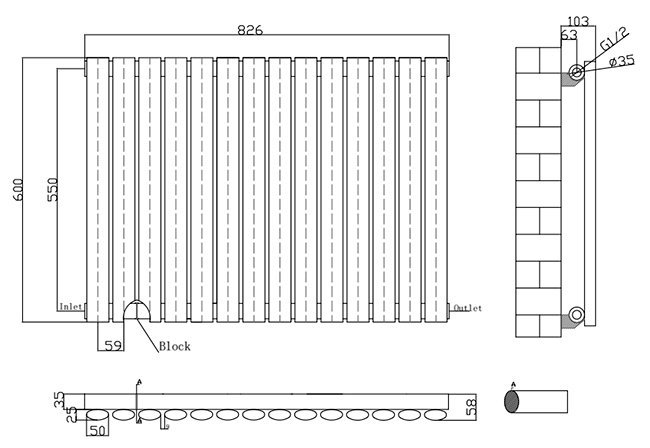 Metro Horizontal Radiator - Matt Black - Single Panel (600mm High) 826mm Wide