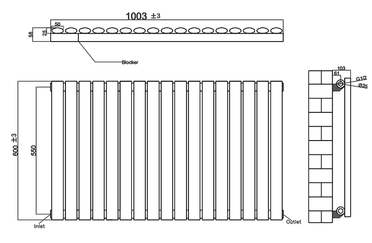 Metro Horizontal Radiator - Matt Black - Single Panel (600mm High) 1003mm Wide