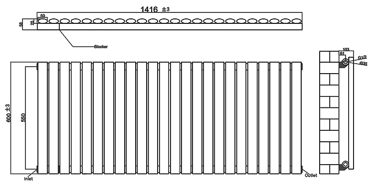 Metro Horizontal Radiator - Matt Black - Single Panel (600mm High) 1416mm Wide