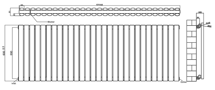 Metro Horizontal Radiator - Matt Black - Single Panel (600mm High) 1711mm Wide