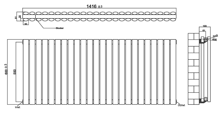 Metro Horizontal Radiator - White - Double Panel (600mm High) 1416mm Wide