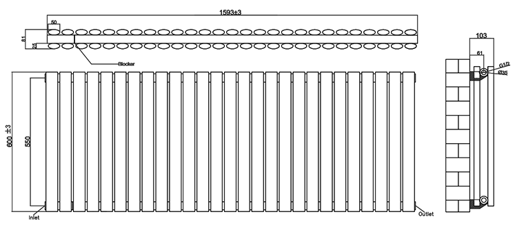 Metro Horizontal Radiator - White - Double Panel (600mm High) 1596mm Wide