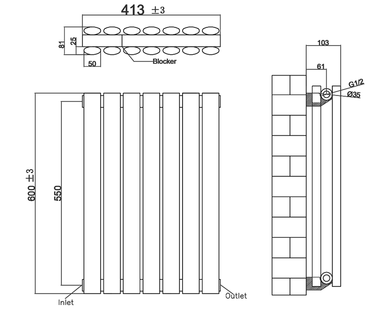 Metro Horizontal Radiator - White - Double Panel (600mm High) 413mm Wide