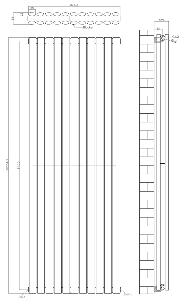 Metro Vertical Radiator - Anthracite - Double Panel (1800mm High) 649mm Wide