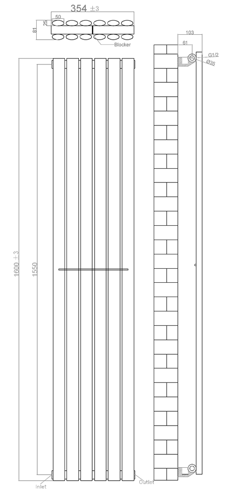Metro Vertical Radiator - Matt Black - Double Panel (1600mm High) 354mm Wide