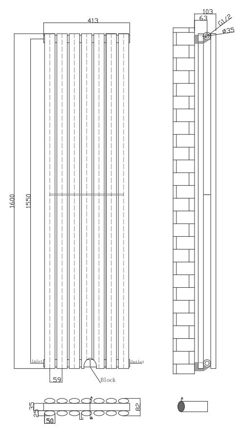 Metro Vertical Radiator - Matt Black - Double Panel (1600mm High) 413mm Wide