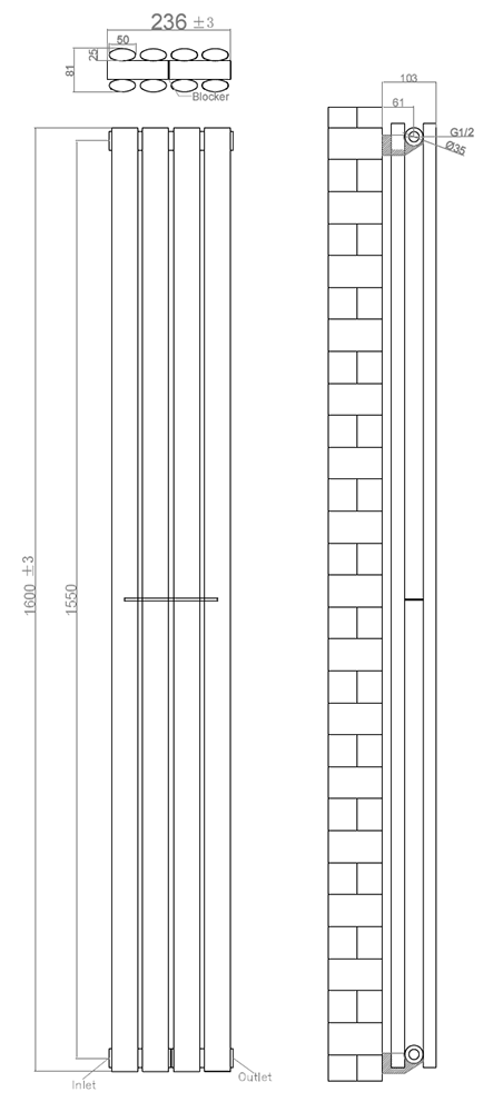 Metro Vertical Radiator - Matt Black - Double Panel (1600x236mm)