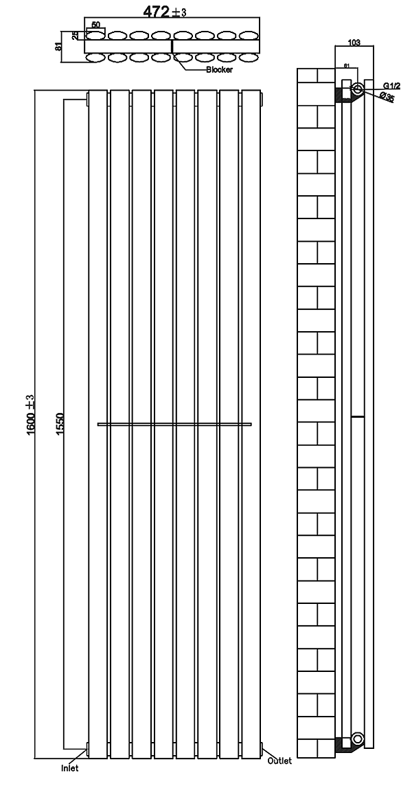 Metro Vertical Radiator - Matt Black - Double Panel (1600mm High) 472mm Wide