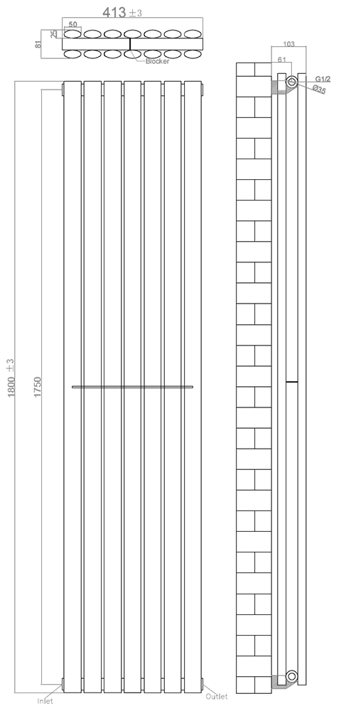 Metro Vertical Radiator - Matt Black - Double Panel (1800mm High) 413mm Wide