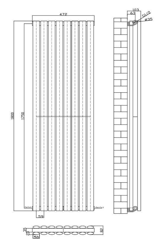 Metro Vertical Radiator - Matt Black - Double Panel (1800mm High) 472mm Wide