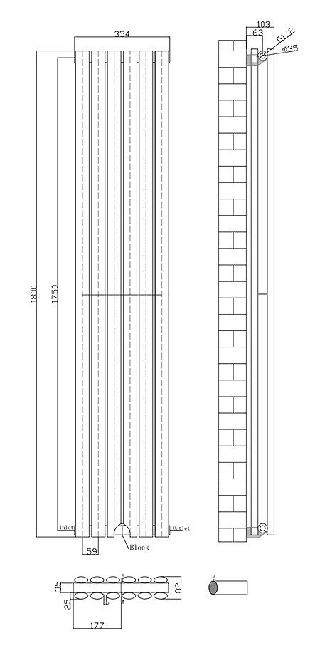 Metro Vertical Radiator - Matt Black - Double Panel (1800mm High) 354mm Wide