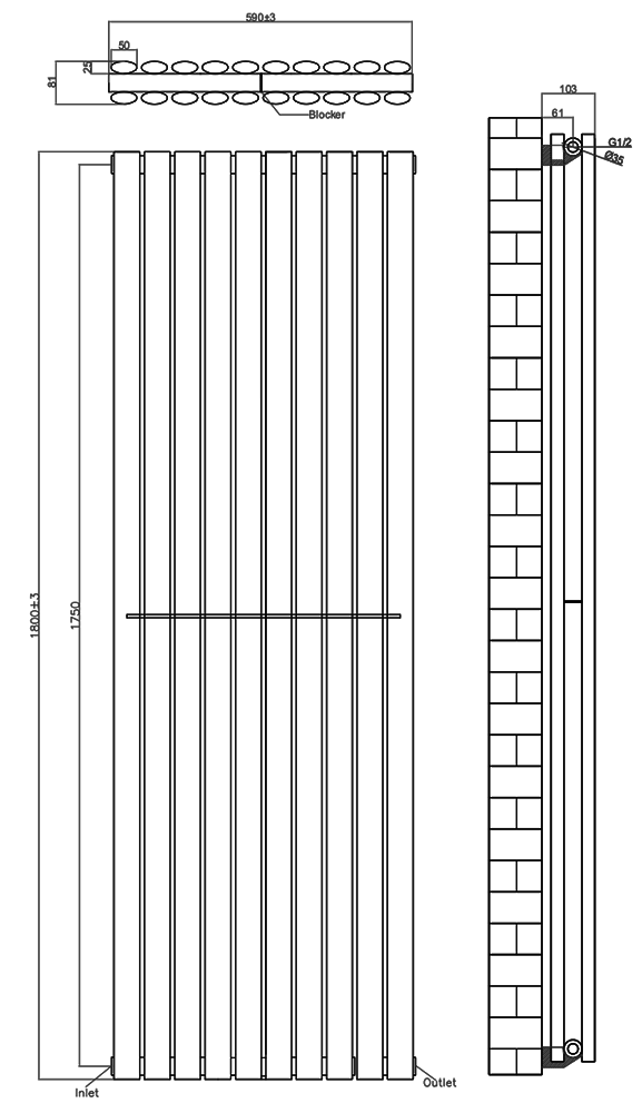 Metro Vertical Radiator - Matt Black - Double Panel (1800mm High) 590mm Wide