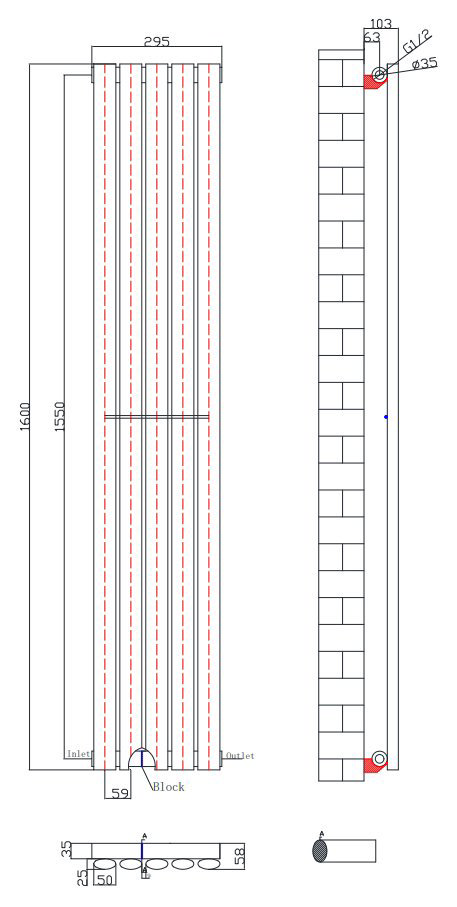 Metro Vertical Radiator - Matt Black - Single Panel (1600mm High) 295mm Wide
