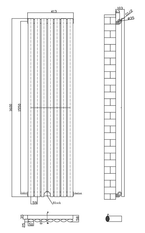 Metro Vertical Radiator - Matt Black - Single Panel (1600mm High) 410mm Wide