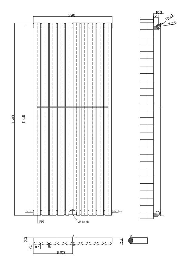 Metro Vertical Radiator - Matt Black - Single Panel (1600mm High) 590mm Wide